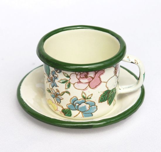 Emaille Tasse mit Untertasse BsB 11/61 Volldekor Becher emailliert 5cm Kaffeebecher Kaffeetasse