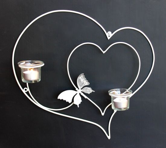 Wandleuchter Herz 39cm Weiß Teelichthalter aus Metall Wandteelichalter Kerzenhalter