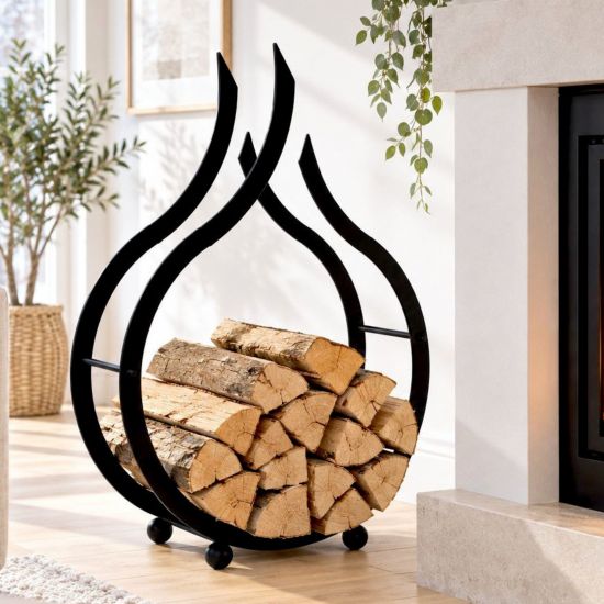DanDiBo Kaminholzregal Innen Schwarz Metall Brennholzregal Holzaufbewahrung Flamme Kaminholzständer 78 cm Holzkorb Kaminholzhalter Holzregal für Feuerholz Holzlager