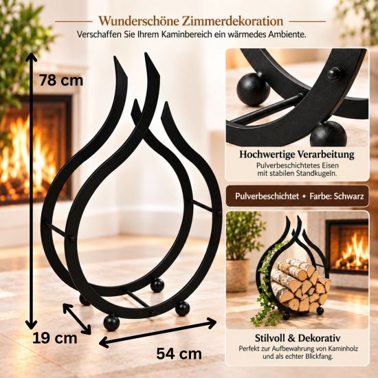 Preview: DanDiBo Kaminholzregal Innen Schwarz Metall Brennholzregal Holzaufbewahrung Flamme Kaminholzständer 78 cm Holzkorb Kaminholzhalter Holzregal für Feuerholz Holzlager