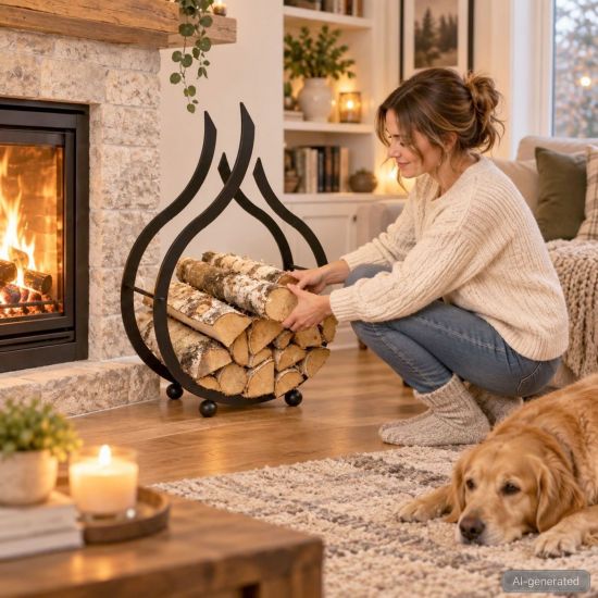 Preview: DanDiBo Kaminholzregal Innen Schwarz Metall Brennholzregal Holzaufbewahrung Flamme Kaminholzständer 78 cm Holzkorb Kaminholzhalter Holzregal für Feuerholz Holzlager