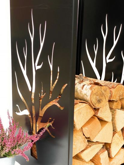 DanDiBo Kaminholzregal Metall Schwarz Innen Kaminholzständer 96196 Holzkorb 80 cm Kaminholzhalter Holzregal Eckig Baum