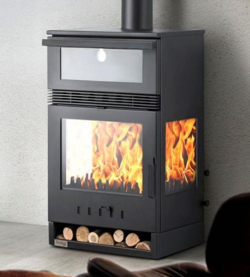 Kaminofen mit Backfach Panoramakamin Dreiseitig Glas 3 Scheiben Teba TKS 15 Verglast 3 Seiten Holzofen 12,8 kW Kamin Ofen Holz Holzherd Küchenofen