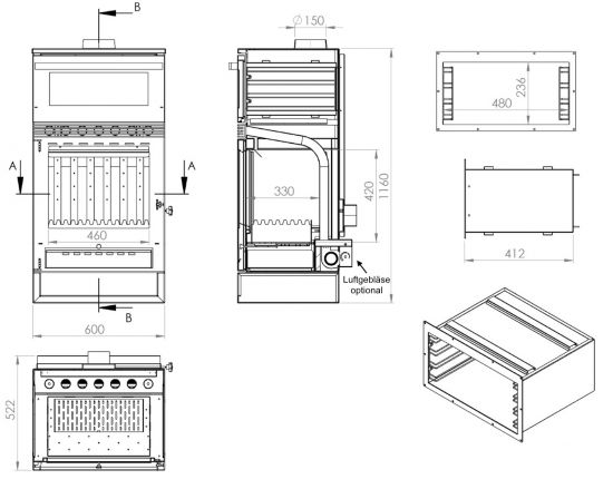 EEK A+ Wood-burning stove with baking compartment Panoramic fireplace Three-sided glass 3 panes Teba TKS 15 Glazed 3 sides Wood-burning stove 12.8 kW Fireplace Stove Wood-burning cooker Kitchen stove