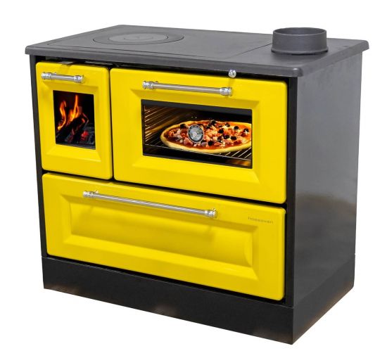 Hosseven Kaminofen mit Backfach und Herdplatte 4012 Gelb Holzofen 8 kW Holz Ofen Mehrfachbelegung Kamin Heizofen Küchenherd