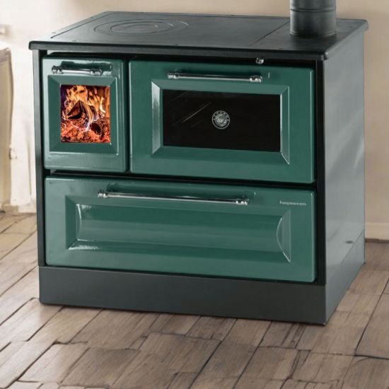Hosseven Kaminofen mit Backfach und Herdplatte 4012 Grün Holzofen 8 kW Holz Ofen Mehrfachbelegung Kamin Heizofen Küchenherd