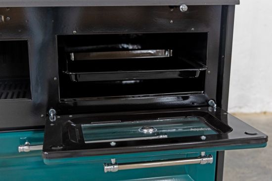 Hosseven Kaminofen mit Backfach und Herdplatte 4012 Grün Holzofen 8 kW Holz Ofen Mehrfachbelegung Kamin Heizofen Küchenherd