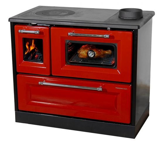 Hosseven Kaminofen mit Backfach und Herdplatte 4012 Rot Holzofen 8 kW Holz Ofen Mehrfachbelegung Kamin Heizofen Küchenherd