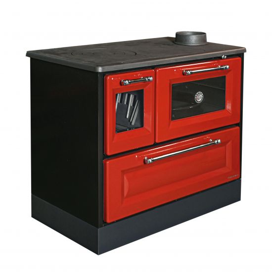 Hosseven Kaminofen mit Backfach und Herdplatte 4012 Rot Holzofen 8 kW Holz Ofen Mehrfachbelegung Kamin Heizofen Küchenherd