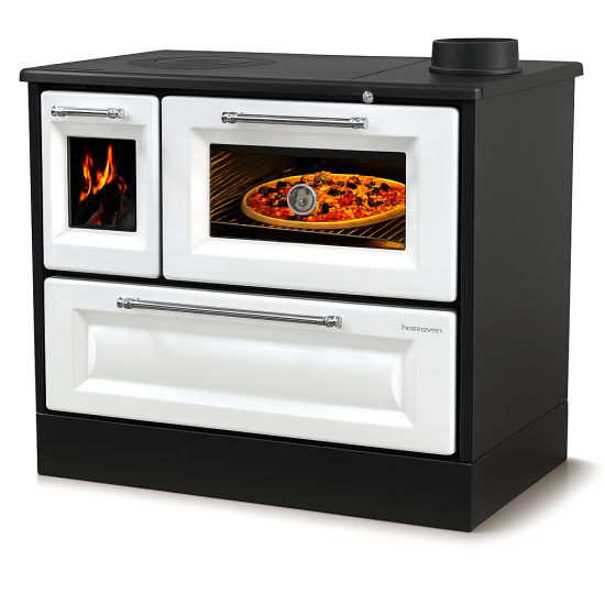 Hosseven Kaminofen mit Backfach und Herdplatte 4012 Weiß Holzofen 8 kW Holz Ofen Mehrfachbelegung Kamin Heizofen Küchenherd