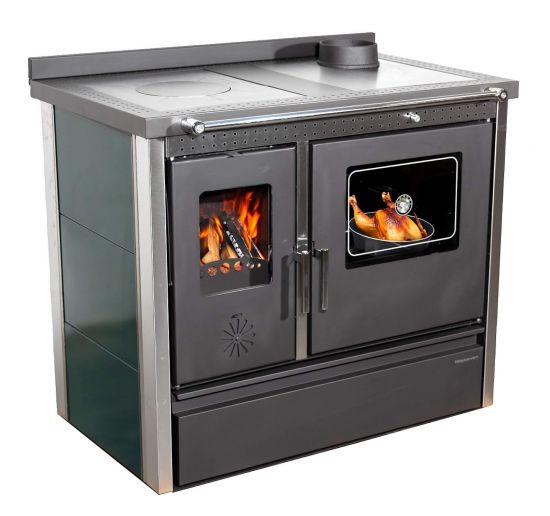 Kaminofen mit Backfach und Herdplatte 4050 Lotus Inox Grün Holzofen 11 kW Holz Ofen Mehrfachbelegung Kamin Heizofen Küchenherd