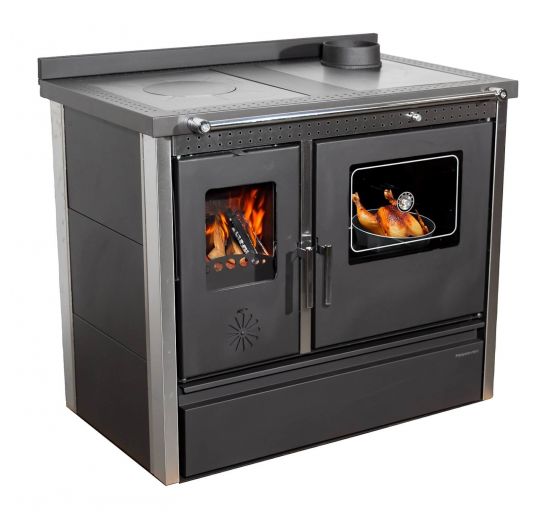 Kaminofen mit Backfach und Herdplatte 4050 Lotus Inox Schwarz Holzofen 11 kW Holz Ofen Mehrfachbelegung Kamin Heizofen Küchenherd