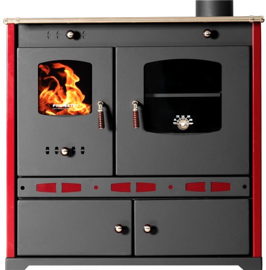 Kaminofen mit Backfach und Herdplatte Perfect Eco Lux Rot Rechts Holzofen 7 kW Kamin Ofen Holz Werkstattofen Hüttenofen Heizofen Gartenofen