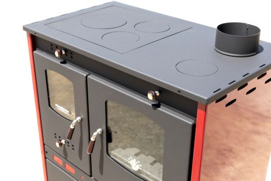 Kaminofen mit Backfach und Herdplatte Perfect Eco Lux Rot Rechts Holzofen 7 kW Kamin Ofen Holz Werkstattofen Hüttenofen Heizofen Gartenofen