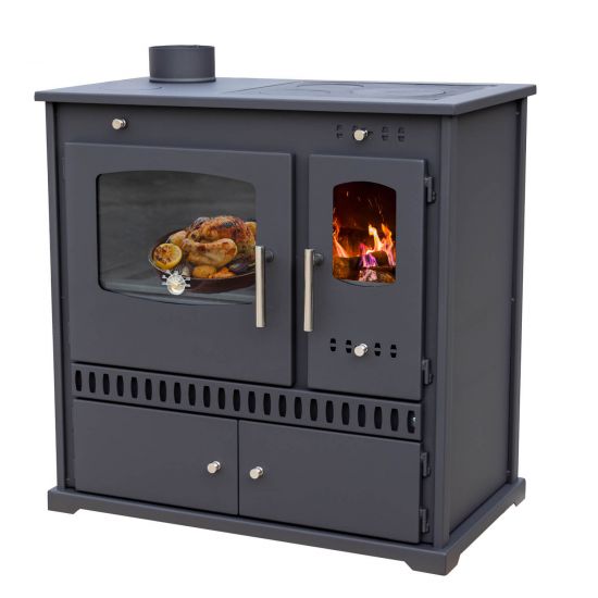 Kaminofen mit Backfach und Herdplatte Perfect Eco Schwarz Links Holzofen 7 kW Kamin Ofen Holz Werkstattofen Hüttenofen Heizofen Gartenofen