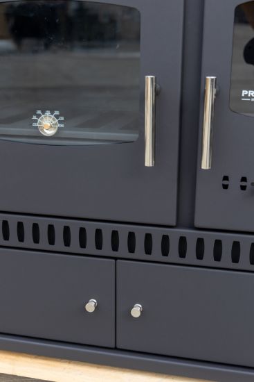 Kaminofen mit Backfach und Herdplatte Perfect Eco Schwarz Links Holzofen 7 kW Kamin Ofen Holz Werkstattofen Hüttenofen Heizofen Gartenofen