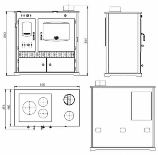 Kaminofen mit Backfach und Herdplatte Perfect Eco Schwarz Rechts Holzofen 7 kW Kamin Ofen Holz Werkstattofen Hüttenofen Heizofen Gartenofen