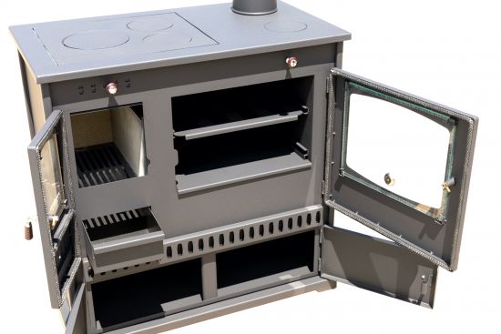 Kaminofen mit Backfach und Herdplatte Perfect Eco Schwarz Rechts Holzofen 7 kW Kamin Ofen Holz Werkstattofen Hüttenofen Heizofen Gartenofen