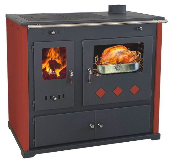 Kaminofen mit Backfach und Herdplatte Pracktik Lux Rot Holzofen 9,5 kW Kamin Ofen Dauerbrandofen Werkstattofen Schwedenofen Hüttenofen Heizofen