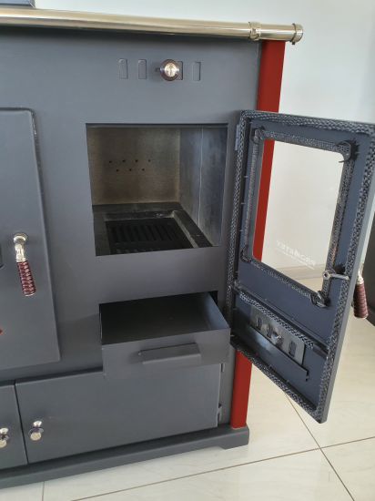 EEK A+ Wood-burning stove with baking compartment and hob Pracktik Lux Red LEFT Wood-burning stove 9.5 kW Wood-burning stove Wood-burning stove with oven and hob Swedish stove Cottage stove