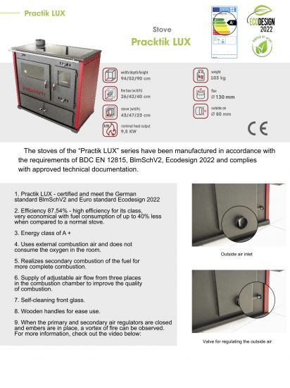 EEK A+ Wood-burning stove with baking compartment and hob Pracktik Lux Red LEFT Wood-burning stove 9.5 kW Wood-burning stove Wood-burning stove with oven and hob Swedish stove Cottage stove