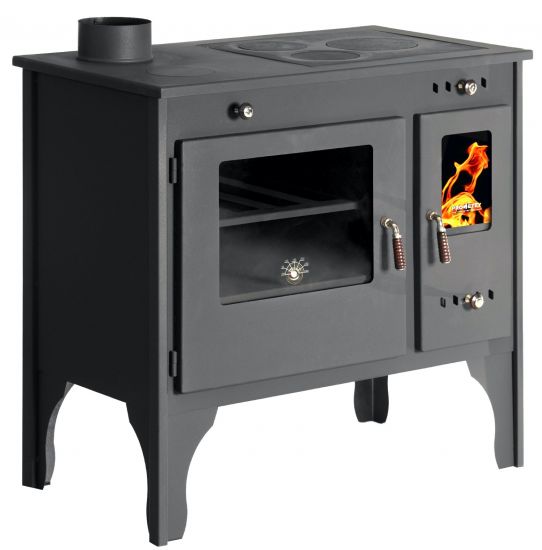 Kaminofen mit Backfach und Herdplatte Retro Eco Schwarz Links Holzofen 7 kW Kamin Ofen Holz Werkstattofen Hüttenofen Heizofen Gartenofen