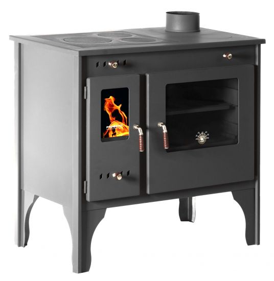 Kaminofen mit Backfach und Herdplatte Retro Eco Schwarz Rechts Holzofen 7 kW Kamin Ofen Holz Werkstattofen Hüttenofen Heizofen Gartenofen