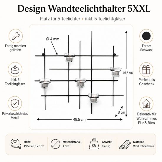 Preview: DanDiBo Kerzenhalter Wand Metall Schwarz Wandteelichthalter 50 cm 5XXL Wandkerzenhalter Kerzenhalter Teelichthalter Wandleuchter