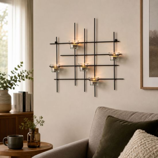 Preview: DanDiBo Kerzenhalter Wand Metall Schwarz Wandteelichthalter 50 cm 5XXL Wandkerzenhalter Kerzenhalter Teelichthalter Wandleuchter