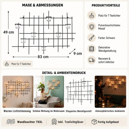 Preview: DanDiBo Metal Wall Candle Holder Black Wall Tealight Holder 83 cm 7XXL Wall Candle Holder Candle Holder Tealight Holder Wall Sconce