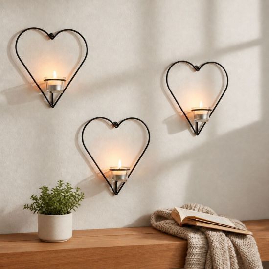 DanDiBo Kerzenhalter Wand Metall Schwarz Wandteelichthalter 96765 Herz 3 er Wandkerzenhalter Kerzenhalter Teelichthalter Wandleuchter
