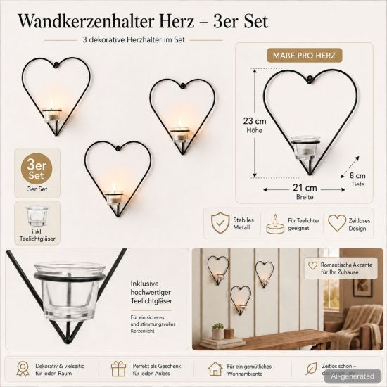 Preview: DanDiBo Kerzenhalter Wand Metall Schwarz Wandteelichthalter 96765 Herz 3 er Wandkerzenhalter Kerzenhalter Teelichthalter Wandleuchter