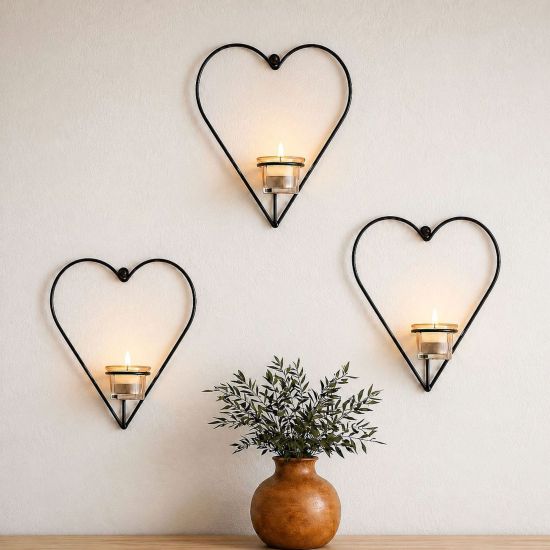 DanDiBo Kerzenhalter Wand Metall Schwarz Wandteelichthalter 96765 Herz 3 er Wandkerzenhalter Kerzenhalter Teelichthalter Wandleuchter