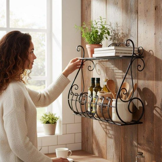 Preview: DanDiBo Kräuterregal Kücheregal Balkonregal Wand Metall Schwarz Sebino 50 cm Wandregal Blumenregal Pflanzenhalter Wandblumenhalter Küche Balkon