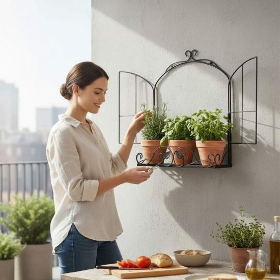 DanDiBo Kräuterregal Outdoor Balkon Wand Wandregal Wetterfest Schwarz Metall 50 cm Hängend Balkonregal Gewürzregal Pflazenregal Wandkorb