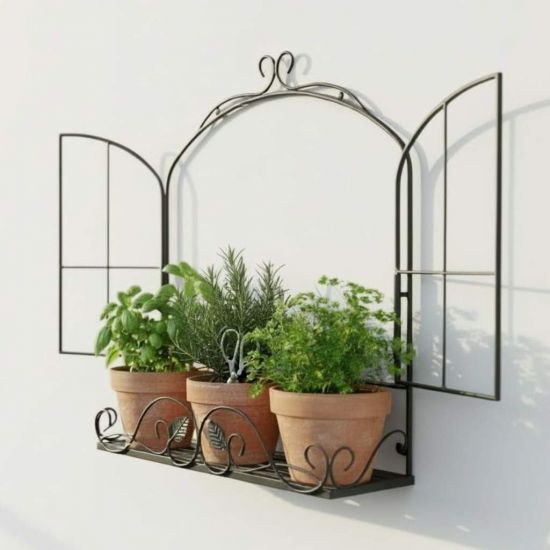 DanDiBo Kräuterregal Outdoor Balkon Wand Wandregal Wetterfest Schwarz Metall 50 cm Hängend Balkonregal Gewürzregal Pflazenregal Wandkorb