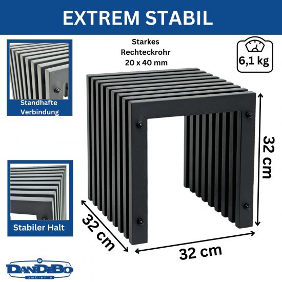 DanDiBo Lamellenhocker Hocker Metall Schwarz Eckig BASE Massiv 32 cm Modern Beistelltisch Lamellen
