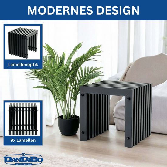 DanDiBo Lamellenhocker Hocker Metall Schwarz Eckig BASE Massiv 32 cm Modern Beistelltisch Lamellen