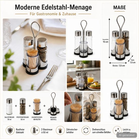 Preview: DanDiBo Menage Salz und Pfefferstreuer Set Zahnstocher Salzstreuer Pfeffestreuer Klein Edelstahl Glas