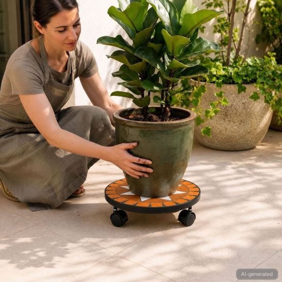 DanDiBo Pflanzenroller Outdoor Wetterfest Rund 30cm Mosaik Merano 12025 Blumenroller Blumenständer Planzenständer