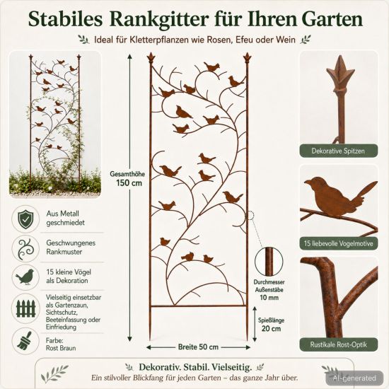 Preview: DanDiBo Metal Garden Trellis 150 cm Birds 120705 Climbing Plant Support Plant Trellis Ground Stake Flower Holder Climbing Column