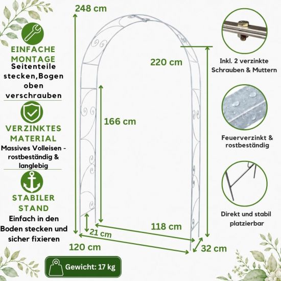 Preview: DanDiBo Rose Arch Metal Stable Galvanized 120 cm Wide Climbing Arch 96518 Garden Arch Gateway Round Arch Plant Arch Solid Hot-Dip Galvanized Garden Weatherproof Wrought Iron