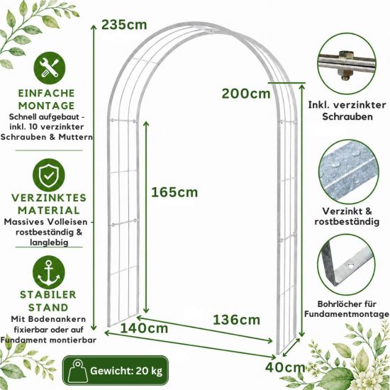 Preview: DanDiBo Rosenbogen aus Metall Stabil Verzinkt 140 cm Rankbogen 96519 Gartenbogen Torbogen Rundbogen Pflanzbogen Massiv Feuerverzinkt Garten Wetterfest Volleisen