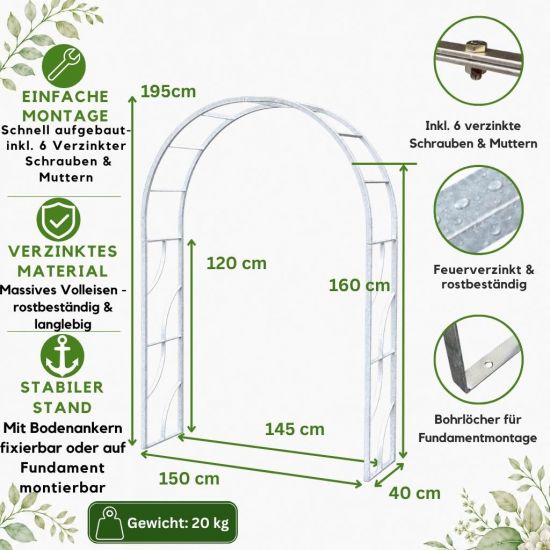 Preview: DanDiBo Metal Rose Arch Stable Galvanized 150 cm Wide Climbing Arch 96516 Garden Arch Gateway Round Arch Plant Arch Solid Hot-Dip Galvanized Garden Weatherproof Solid Iron