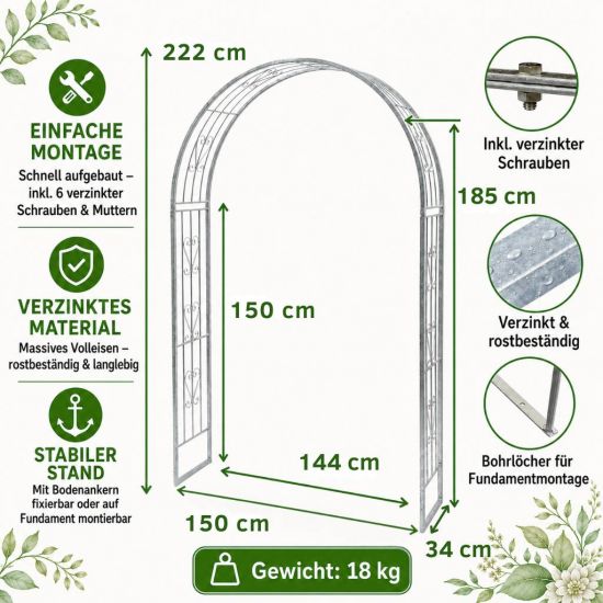 Preview: DanDiBo Rosenbogen aus Metall Stabil Verzinkt 150 cm Breit Rankbogen 96520 Gartenbogen Torbogen Rundbogen Pflanzbogen Massiv Feuerverzinkt Garten Wetterfest Volleisen