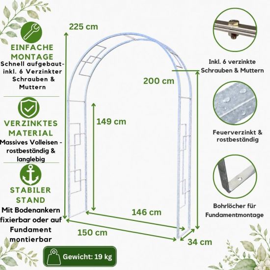 Preview: DanDiBo Metal Rose Arch Stable Galvanized 150 cm Wide Trellis Arch 96524 Garden Arch Gate Arch Round Arch Plant Arch Solid Hot-Dip Galvanized Garden Weatherproof Solid Iron