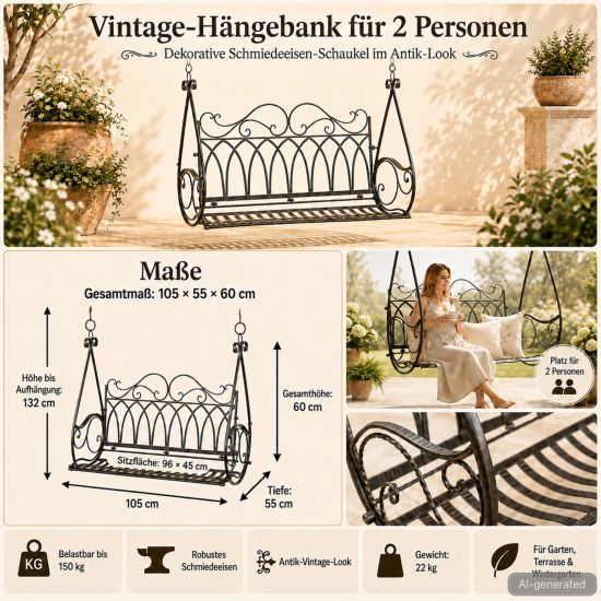 Preview: DanDiBo Schaukelbank Outdoor zum Hängen 2 Sitzer Hollywoodschaukel ohne Gestell 1868 Garden Swing Hängebank Metall mit Kette Gartenschaukel Wetterfest