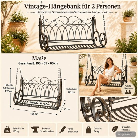 Preview: DanDiBo Schaukelbank Outdoor zum Hängen 2 Sitzer Hollywoodschaukel ohne Gestell 18688 Garden Swing Hängebank Metall mit Kette Gartenschaukel Wetterfest