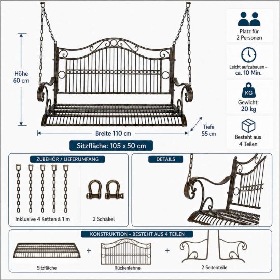 Preview: DanDiBo Outdoor Hanging Swing Bench 2-Seater Hollywood Swing without Frame 82505 Garden Swing Metal Hanging Bench with Chain Weatherproof