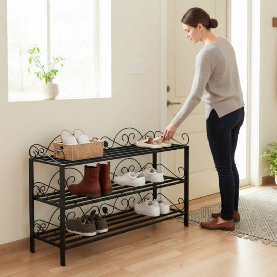 DanDiBo Schuhregal Metall Schwarz 3. Ebenen Schuhschrank Hoch Platzsparend 92 cm  Mi-3 21235 Shoe Rack Schuh Regal Schuhorganizer